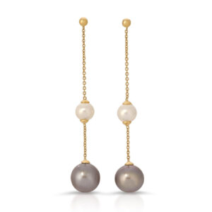 Double pearl Chain Drop earrings white & grey round pearls